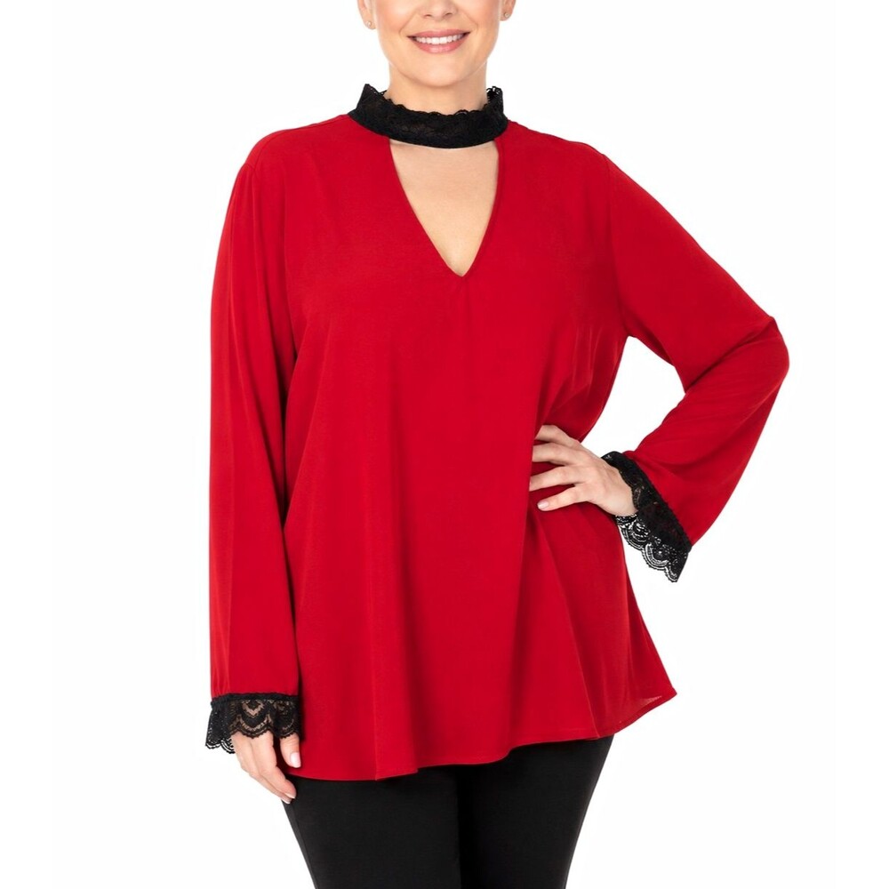Torrid Womens Blouse 4X Plus Red Black Lace Choker V-Neck Long Sleeve